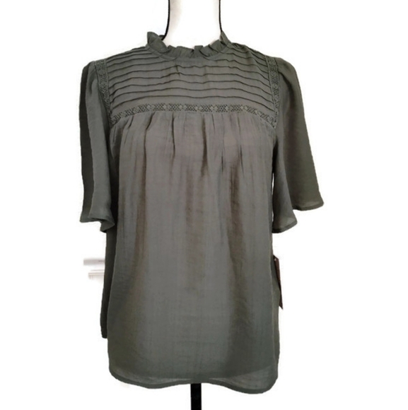 Nanette Lepore Tops - Nanette Lepore Khaki Green Grannycore Feminine Cottagecore Crochet Trim Top Size